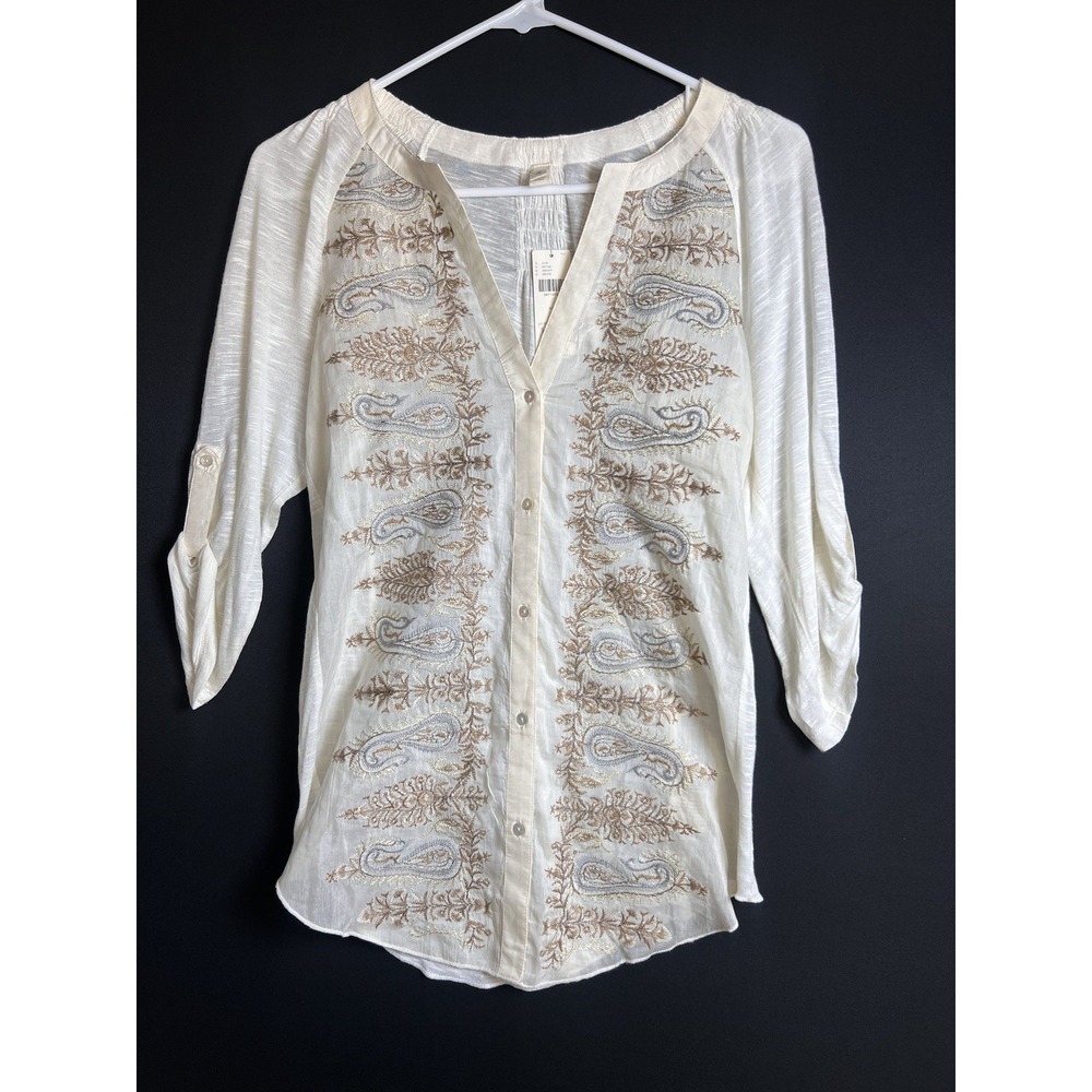 TINY Anthropologie Ivory Embroidered Lurex Silk Blend Boho Blouse Small S